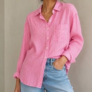 Gap Pink White Striped 100% Linen Button Down Shirt Oversized Small gf